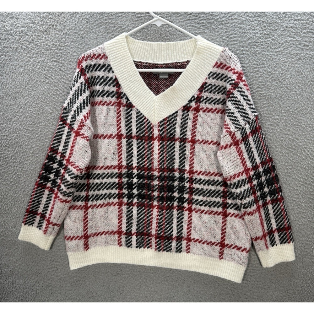 Natural Reflections Sweater Womens Small Multicolor Plaid Knit‎ V Neck Pullover